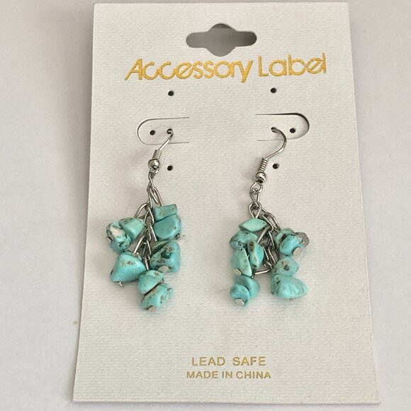 Vintage Turquoise Aqua Howlite Earrings Dangle Stone Chips Southwestern Style - Picture 4 of 9